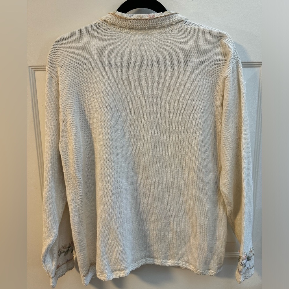 VTG Floral Embroidered Beaded Grannycore Women Collared Button Up Sweater Cream - Picture 10 of 14